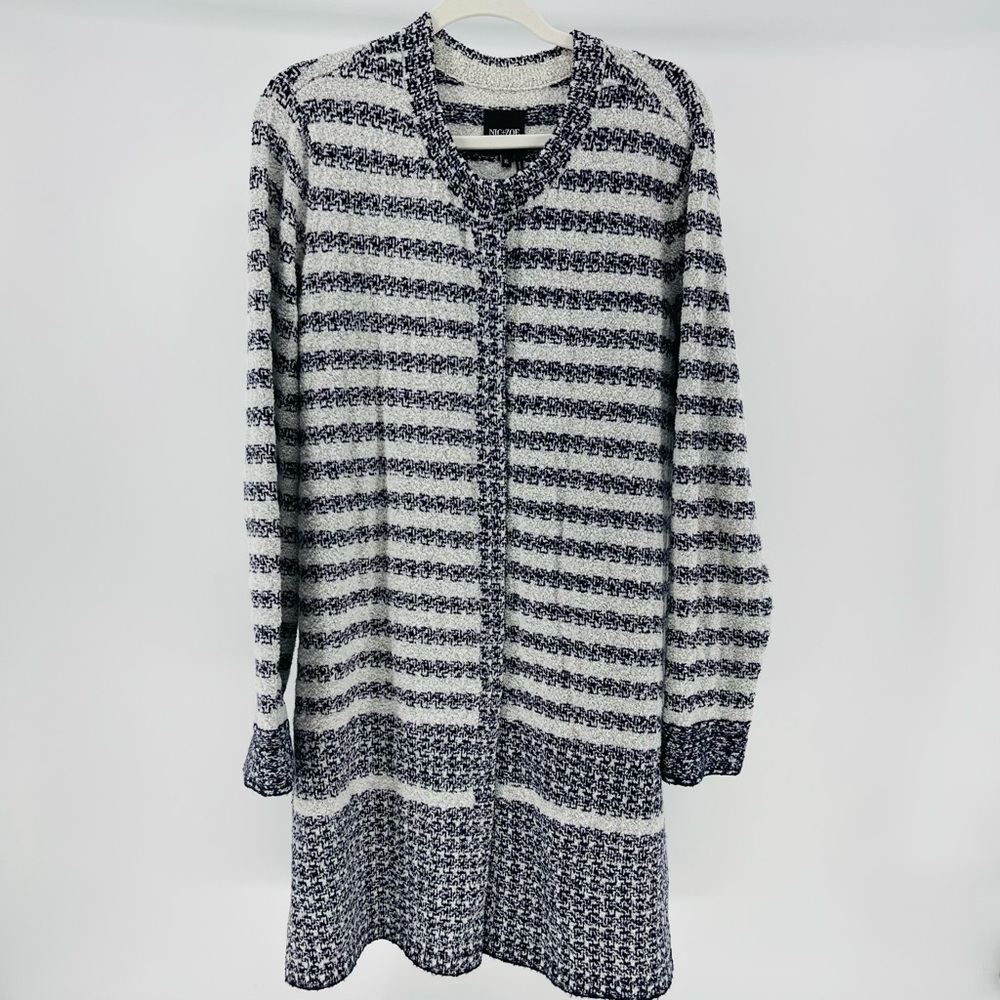 NIC+ZOE Navy Gray Striped Snap Front Longline Cozy Knit Cardigan, Women’s XL